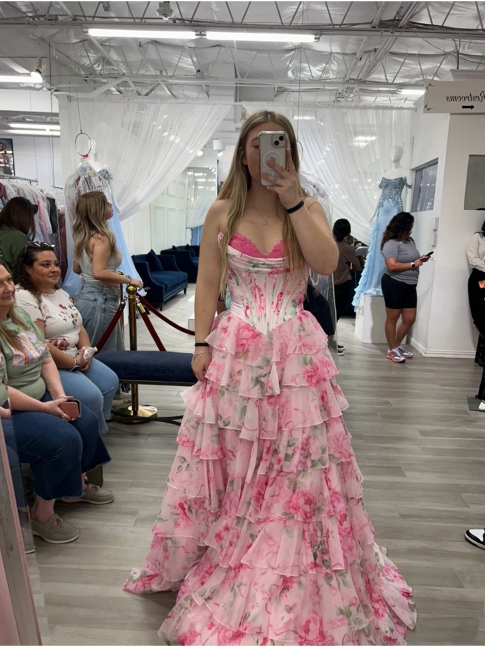 Sherri Hill Pink Floral Tiered Prom Gown - Picture 1 of 3
